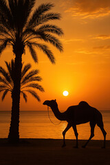 Silhouette of camel and palm tree at sunset