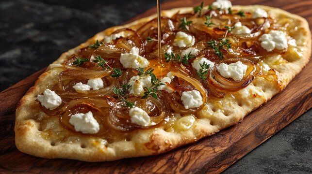 Caramelized onion gourmet flatbread with goat cheese and thyme, premium restaurant appetizer with honey drizzle on rustic wooden serving board