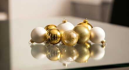 Elegant gold and white Christmas baubles arranged in a festive composition on a reflective glass surface, ready for holiday decorating