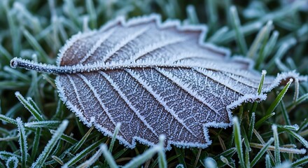 Frosty leaf with delicate ice crystals resting on a patch of green grass, captured in a close-up, macro shot