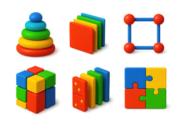 3D Visual Order Icons. 3D icon set of visual order metaphors: stacked stones pyramid, rainbow file alignment, evenly spaced nodes,