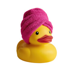 Yellow rubber duck wearing a pink towel on its head isolated on transparent background, png cutout.