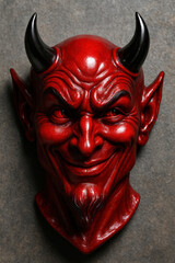 Red devil mask with black horns on textured background