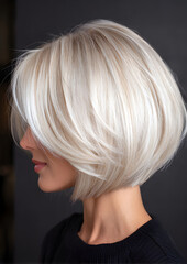 Naklejka premium A professional portrait of a woman with a short layered bob haircut, sleek voluminous styling, bright platinum blonde hair color, salon lighting, and an eyebrow-tweezing.