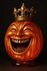 Laughing pumpkin sculpture with golden crown