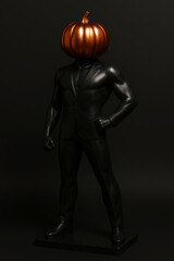 Black suit statue with copper pumpkin head