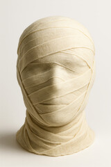 Mummy's head wrapped in beige bandages on a white background