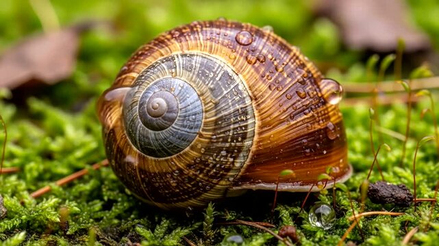 Close-up of a wet snail shell resting on lush green moss with droplets glistening in sunlight