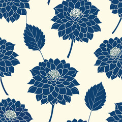 Seamless pattern of blue dahlia flowers and leaves on cream