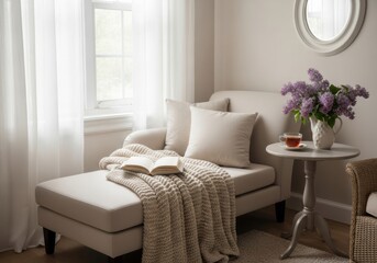 Cozy and inviting reading nook with a chaise lounge, soft blanket, open book, and a vase of lilacs, creating a peaceful and relaxing atmosphere