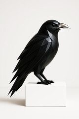 Black geometric raven sculpture on white pedestal