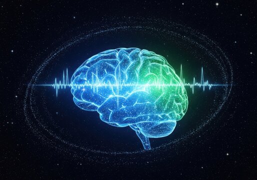 Digital illustration of a human brain with glowing blue and green areas, surrounded by energy waves, representing intelligence and thought