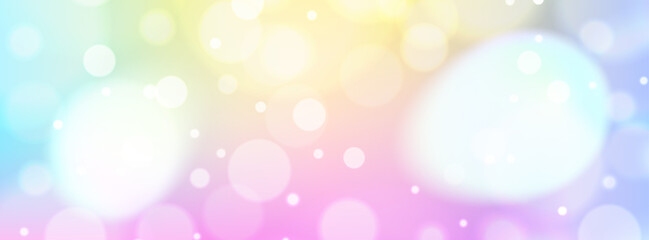 Obraz premium Cute cartoon background with large bokeh circles and sweet sparkling elements. Colorful gradient with magical creatures and copy space. Stock vector illustration in kawaii style.