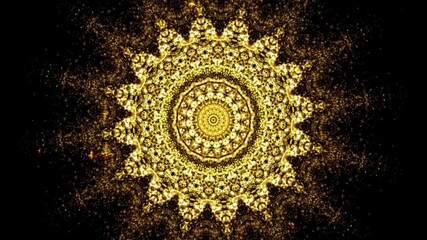 An abstract fractal burst with a gold ornament pattern, resembling a psychedelic mandala design - Powered by Adobe