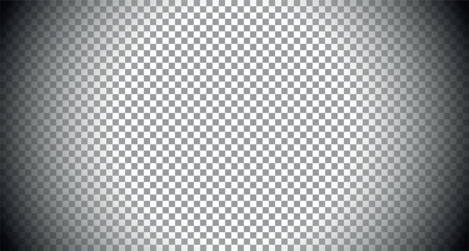 Faded round shadow. Vector overlay effect. Black smooth gradient vignette isolated on transparent background