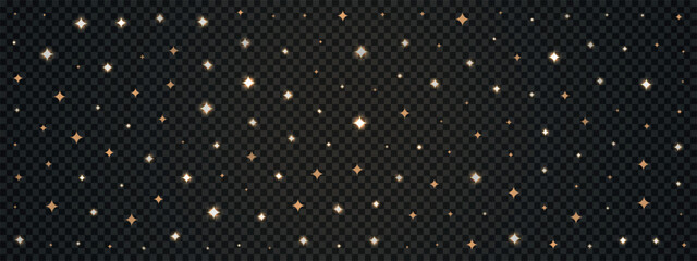 Golden stars with magic lights at sky space. Vector background with golden particles isolated on transparent backdrop