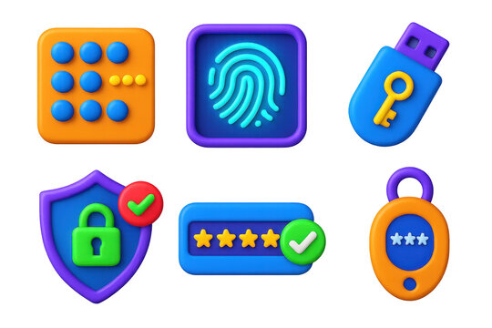 Authentication Icon Set. 3D icon set of login and authentication visuals: keypad with passcode dots, fingerprint scanner glowing,