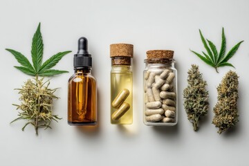 Fototapeta premium Medical cannabis products arranged in a flat lay, featuring oil, capsules, dried buds, and green leaves, showcasing the diverse applications of marijuana for health and wellness