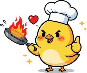 Determined Cartoon Chick Chef Cooking with Passion, Holding Flaming Pan and Giving Thumbs-Up in a Vibrant, Expressive Culinary Scene