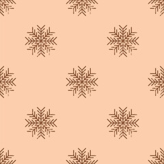 Seamless Christmas pattern. Grainy snowflake texture. Festive endless vintage print. New Years vector. For textile, wallpaper, wrapping design. Grunge brown snowflakes on peach background.
