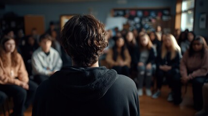 Student standing in front of classroom speaking to attentive peers during presentation or discussion, symbolizing confidence, communication, and leadership in educational environment