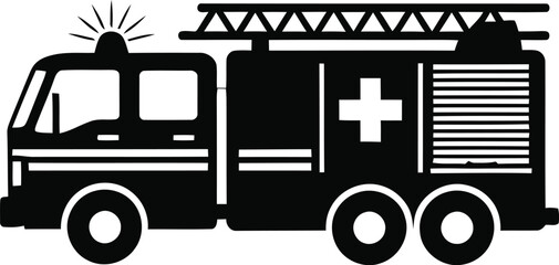 Black silhouette of a modern fire truck with medical cross symbol on the side
