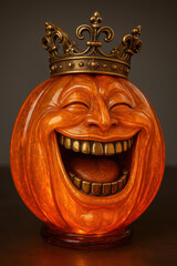 Laughing pumpkin sculpture with ornate crown