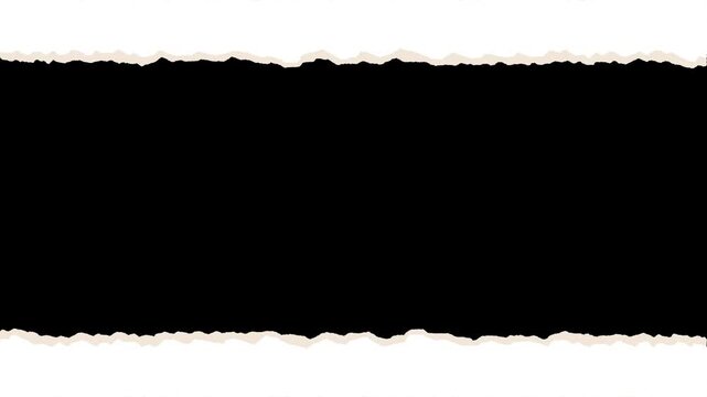 White torn paper edge transition animation with rolling effect open and close moving horizontal make frame on black background and green screen. 4K ripped paper animated for frame and transitions.