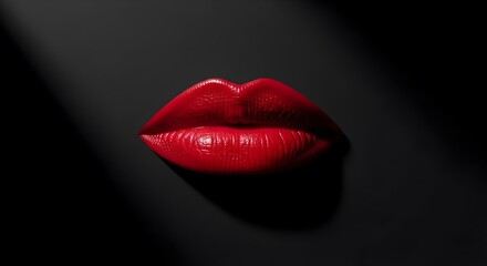Close up of red glossy lips against a dark background with dramatic lighting effect creating shadows