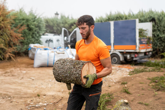 Man worker carrying heavy log of wood, showing strength and physical labor in gardening service industry