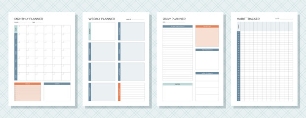 Monthly, weekly, daily  planners. Set of timetables for month, week, day and habit tracker. Schedule template.  Empty notebook page. Homework organizer. Scheduler layouts. Vector illustration.