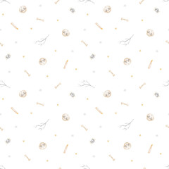 Pattern of flying spiders, skull, bones, candles. Watercolor illustration hand-drawn in childish Halloween style. Seamless print isolated from the background for textiles, fabrics, clothing, wallpaper