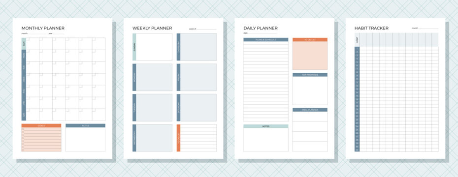 Monthly, weekly, daily  planners. Set of timetables for month, week, day and habit tracker. Schedule template.  Empty notebook page. Homework organizer. Scheduler layouts. Vector illustration.