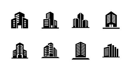 Modern office building icons showcase professional corporate architecture and urban development success