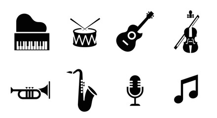 Obraz premium Collection of diverse musical instruments and audio icons for creative projects