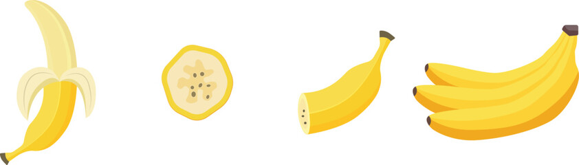 Yellow banana fruits. Whole and peeled bananas icon. Organic tropical fruit for juice, smoothie or healthy food. Vector illustration isolated on white background.