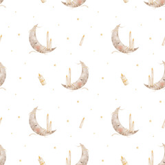 Moon crescent with candles pattern. Watercolor illustration hand-drawn in a childish Halloween style. Seamless print isolated from background for textiles, fabrics, clothing, wallpaper, packaging.