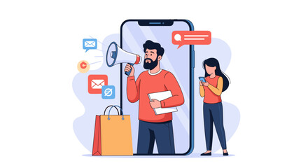 Digital marketer with megaphone on phone announces sales, engaging audience with notifications