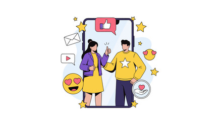 Dynamic duo celebrating social media success with likes and hearts, inspiring engagement