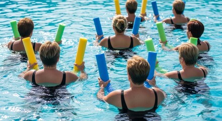 Group of mature caucasian women in aquatic exercise class using pool noodles