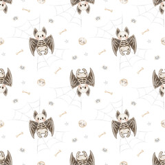 Watercolor Halloween pattern bat skeleton, web, spider, bones. This creepy hand-drawn illustration in childish style. Seamless print is isolated from background for textiles fabrics clothing wallpaper