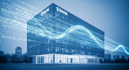 Modern glass bank building with digital data overlay in urban setting