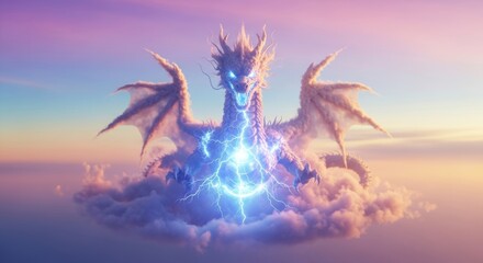 Majestic sky dragon unleashing lightning in a vibrant sunset sky