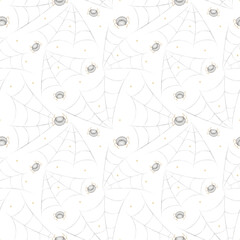 Halloween pattern spiders crawling on web. Watercolor illustration is hand-drawn in childish style. Seamless print isolated from background is suitable for textiles, fabrics, clothing, wallpaper paper