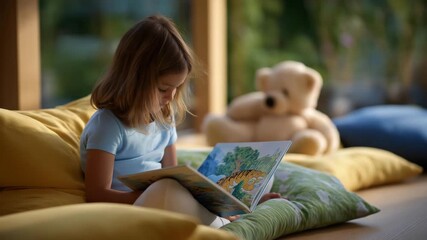 A child reads a picture book in a library’s kids’ corner, with colorful cushions scattered, a storybook open, a stuffed animal nearby, and soft sunlight streaming, captured in a playful photo with - Powered by Adobe