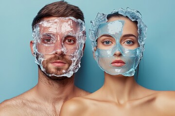 Young couple using ice face masks for skincare