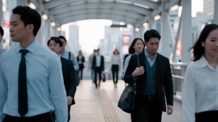 Diverse Group of Asian Business Professionals in Formal Attire Walking on Elevated Pedestrian Bridge With Cityscape Background During Day