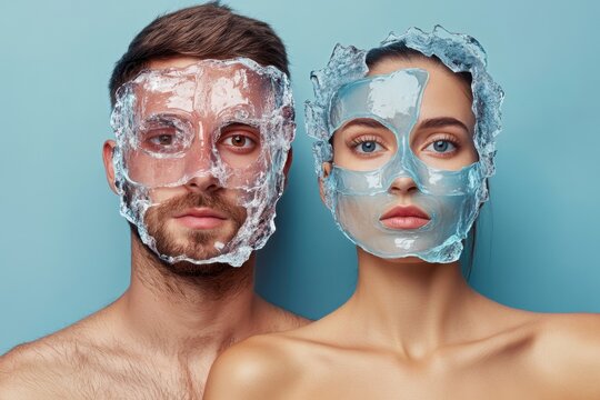 Young couple using ice face masks for skincare - Powered by Adobe