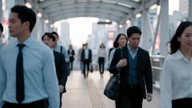 Diverse Group of Asian Business Professionals in Formal Attire Walking on Elevated Pedestrian Bridge With Cityscape Background During Day