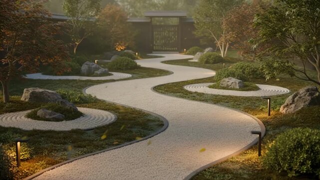 Medium shot showing a crushed limestone pathway accented with ornamental plants and subtle lighting in a peaceful zen setting.